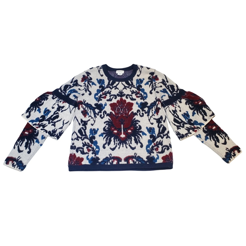 Club Monaco Cashmere Wool Blend Floral‎ Tapestry Sweater Flutter Sleeve Sz XS